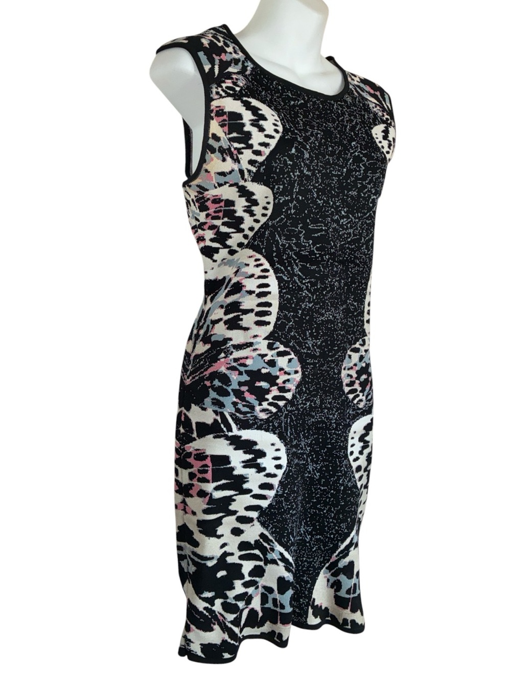 Sweater dress women's M grey with leopard print black/Cream scallop patterns euc
